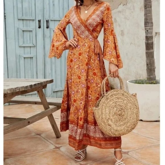 Boho Floral Print Wrap Maxi Dress orange - Picture 3 of 5